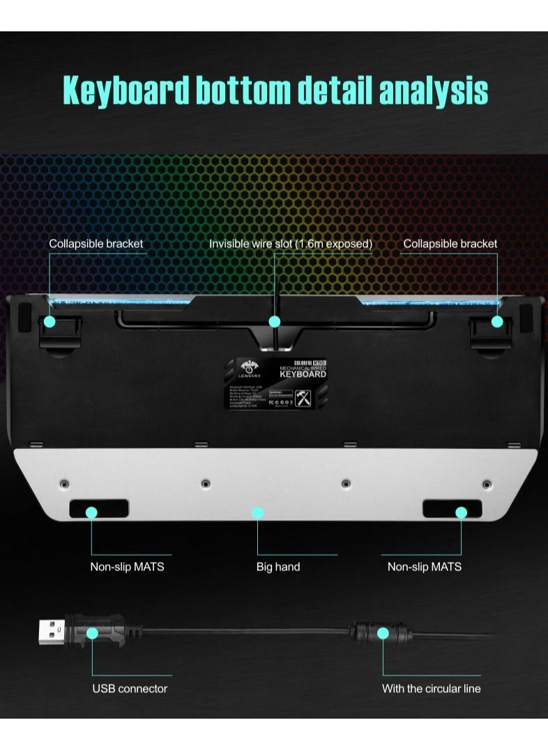 LEAVEN - Wired Metal Mechanical Keyboard Aluminium Panel with Mixed Colour Backlight Hand Rest Waterproof Keycaps USB 26 Key Rollover Desktop Keyboards Blue Switches - Image 1