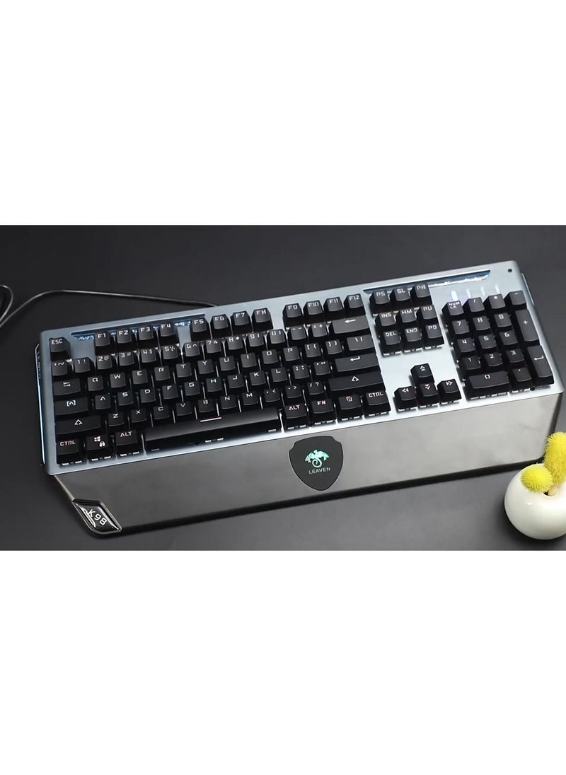 LEAVEN - Wired Metal Mechanical Keyboard Aluminium Panel with Mixed Colour Backlight Hand Rest Waterproof Keycaps USB 26 Key Rollover Desktop Keyboards Blue Switches - Image 1