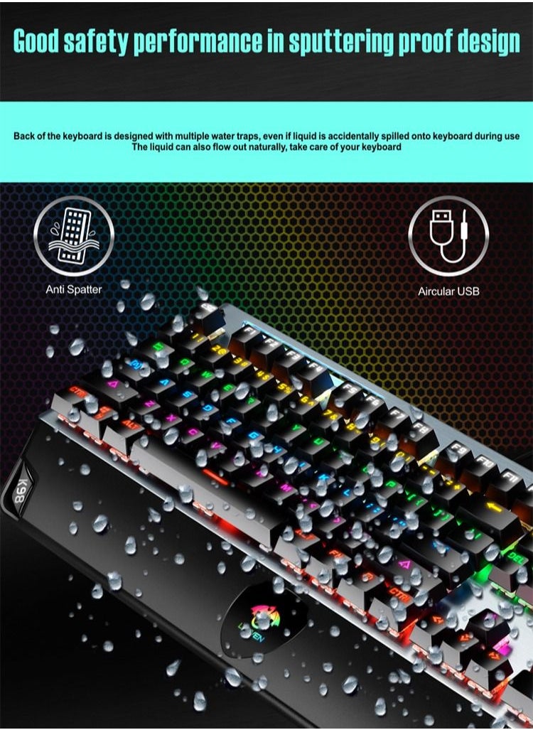 LEAVEN - Wired Metal Mechanical Keyboard Aluminium Panel with Mixed Colour Backlight Hand Rest Waterproof Keycaps USB 26 Key Rollover Desktop Keyboards Blue Switches - Image 1