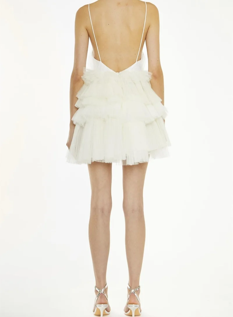 ترو ديكادينس Gia White Plunge Front Tiered Mini Dress