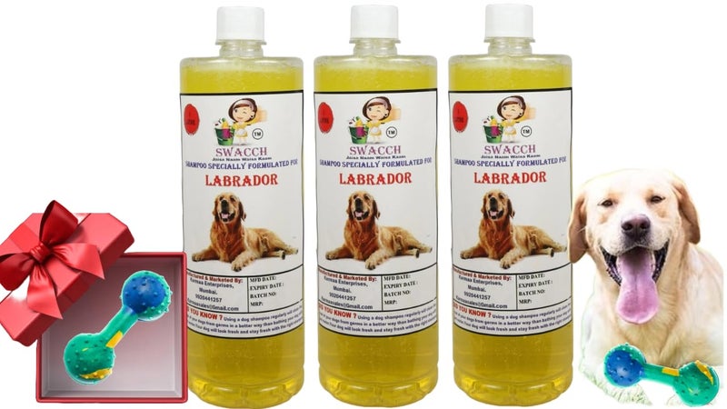 swacch Labrador Dog Shampoo + Dumbbell Toy I Durable Rubber Dog Toy for Chewing I Playing,Teeth Cleaning & Training Toy I Combo Pack I 1 Litre Pack of 3 Lemon - Image 1