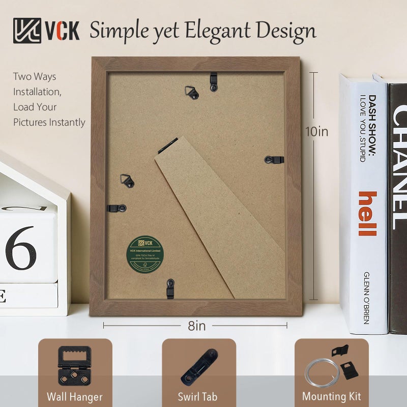 VCK 8x10 Picture Frame 5 Pack, Natural Wood Grain Brown Walnut & HD Glass, Display 5x7 Photos with Mat or 8x10 without Mat, Tabletop or Wall Hanging - Image 3