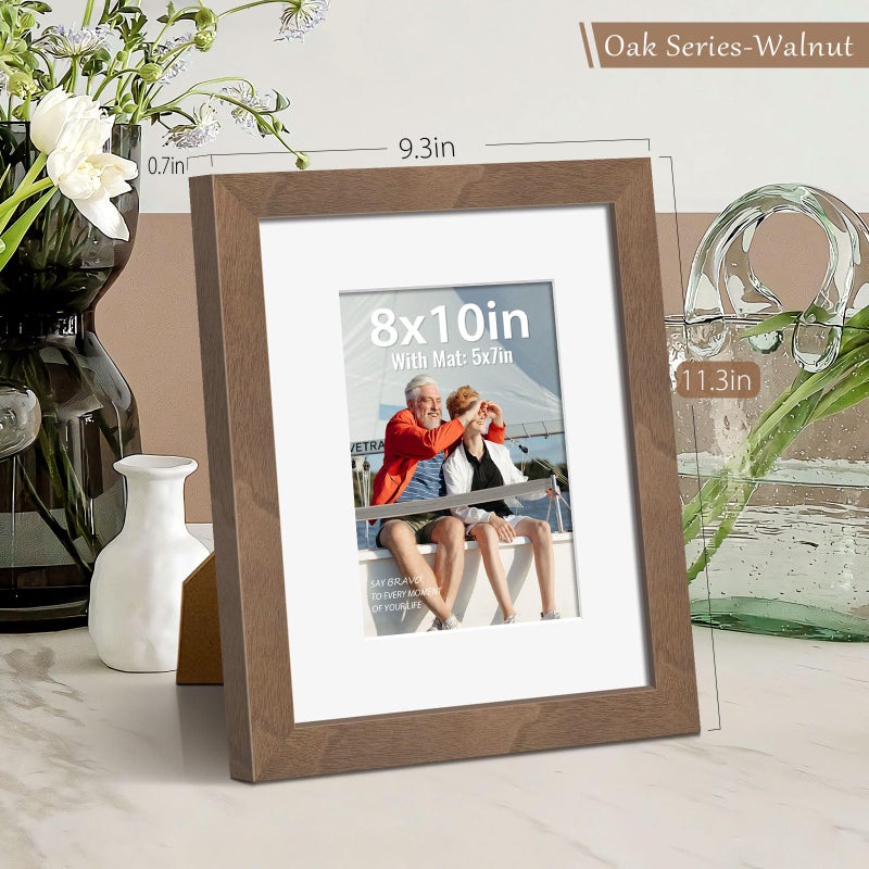 VCK 8x10 Picture Frame 5 Pack, Natural Wood Grain Brown Walnut & HD Glass, Display 5x7 Photos with Mat or 8x10 without Mat, Tabletop or Wall Hanging - Image 2