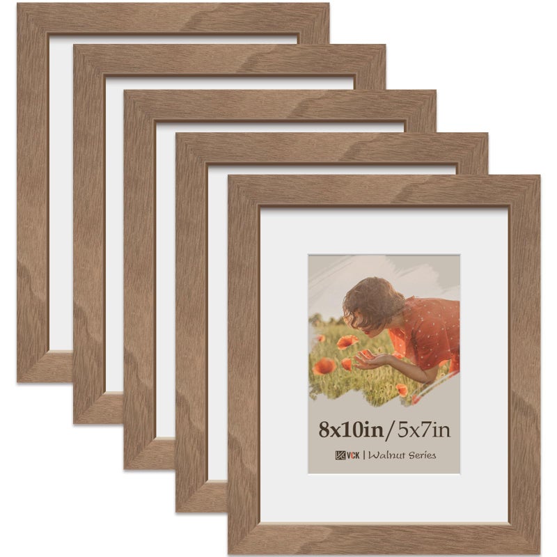 VCK 8x10 Picture Frame 5 Pack, Natural Wood Grain Brown Walnut & HD Glass, Display 5x7 Photos with Mat or 8x10 without Mat, Tabletop or Wall Hanging - Image 1