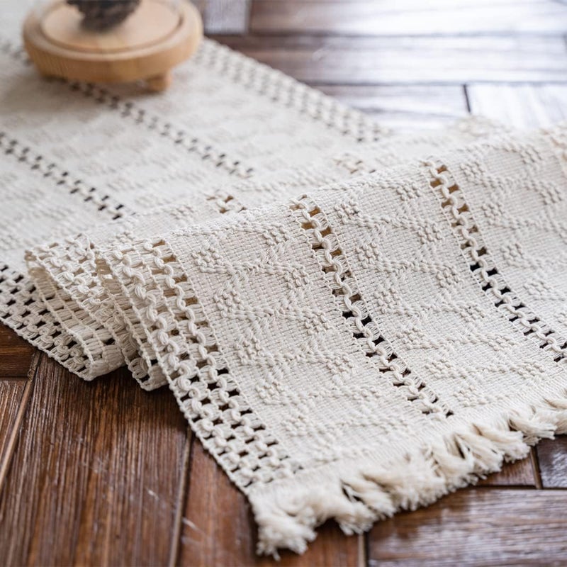Alynsehom Macrame Table Runner Cream Beige Boho Table Runners with Tassels Hand Woven Cotton Table Runner Rustic Farmhouse Table Runners for Bohemian Kitchen Dining Table12x48in