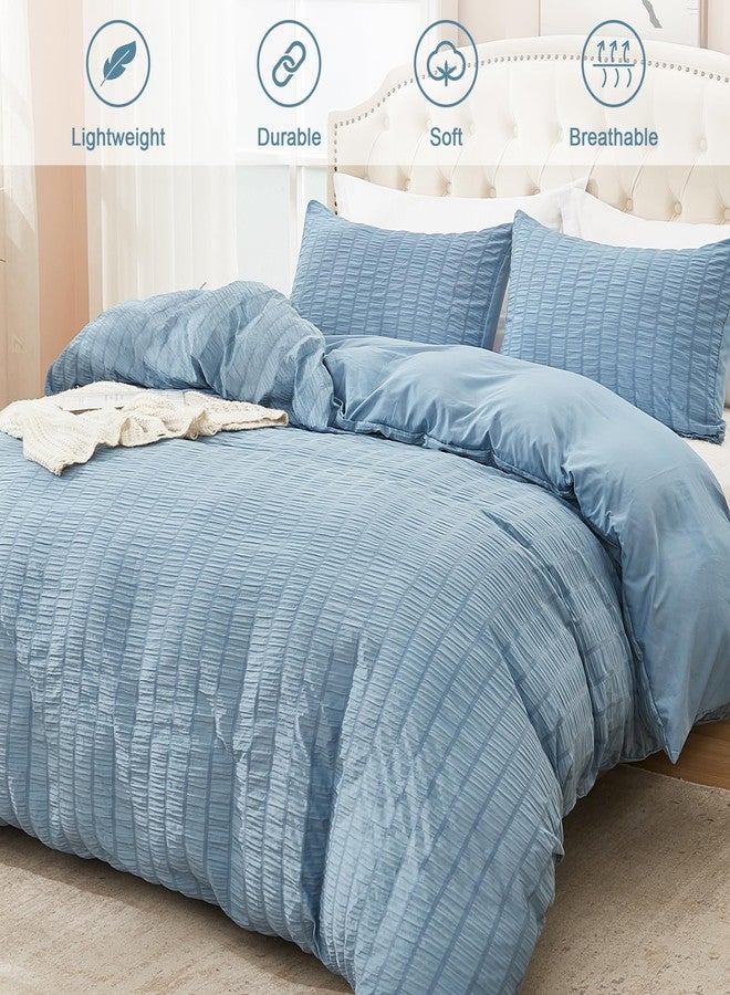 AveLom طقم غطاء لحاف أزرق رمادي من AveLom، مقاس كينج (104 × 90 بوصة)، 3 قطع (غطاء لحاف واحد، و2 غطاء وسادة)، طقم غطاء لحاف من الألياف الدقيقة الناعمة المغسولة بنقشة مخططة، مزود بسحاب للإغلاق وأربطة في الزوايا. - Image 2