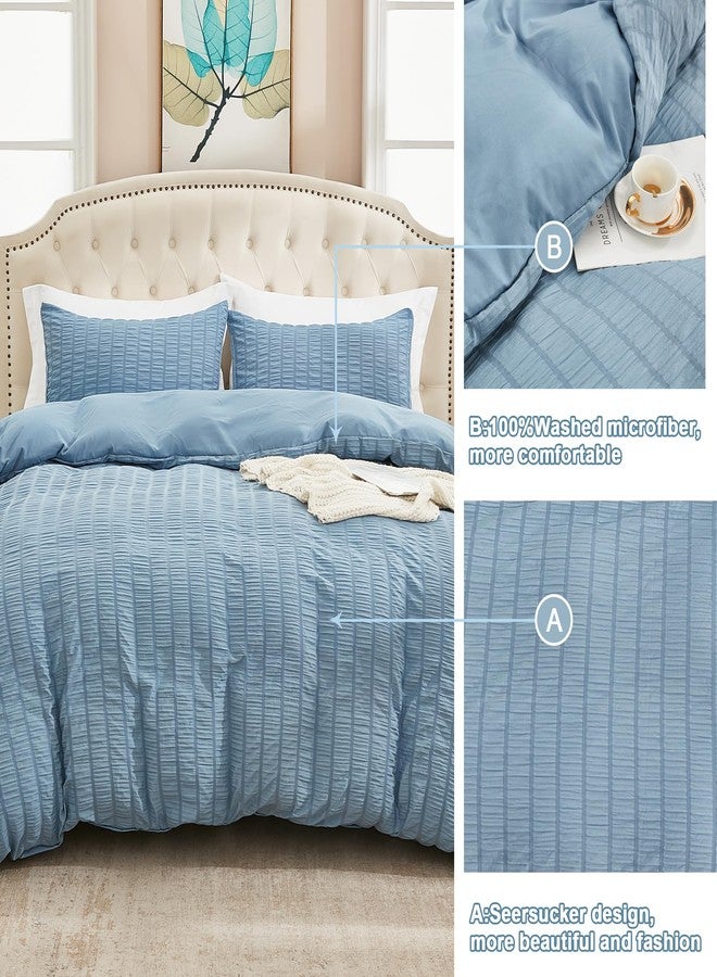 AveLom طقم غطاء لحاف أزرق رمادي من AveLom، مقاس كينج (104 × 90 بوصة)، 3 قطع (غطاء لحاف واحد، و2 غطاء وسادة)، طقم غطاء لحاف من الألياف الدقيقة الناعمة المغسولة بنقشة مخططة، مزود بسحاب للإغلاق وأربطة في الزوايا. - Image 5