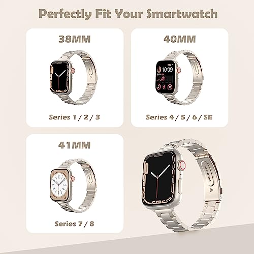 MoKo Slim Metal Band Compatible with Apple Watch Series 11/10 42mm, 9/8/7 41mm, SE3/SE2/SE/6/5/4 40mm, 3/2/1 38mm, Stainless Steel Thin Band Replacement Strap iWatch Wristband for Women, Starlight - Image 2