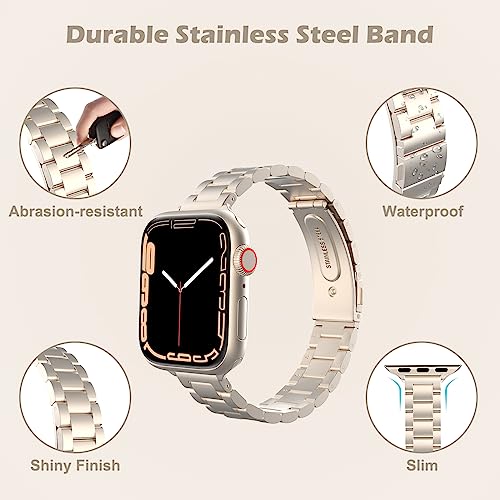MoKo Slim Metal Band Compatible with Apple Watch Series 11/10 42mm, 9/8/7 41mm, SE3/SE2/SE/6/5/4 40mm, 3/2/1 38mm, Stainless Steel Thin Band Replacement Strap iWatch Wristband for Women, Starlight - Image 3