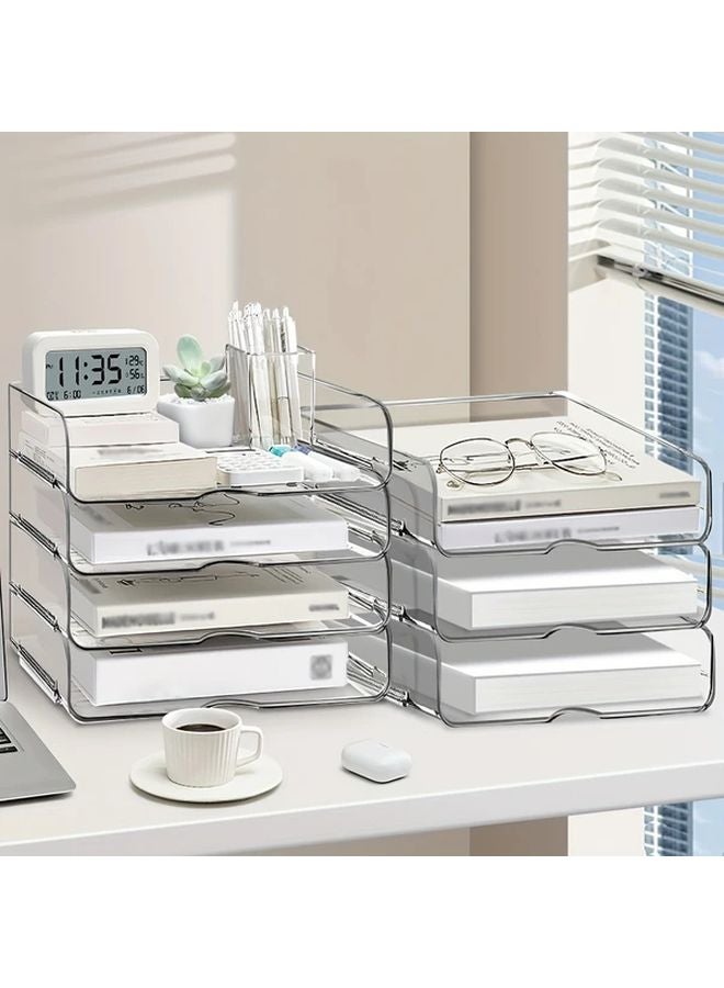 4 قطع صواني أحرف واسعة شفافة منظمة أوراق قابلة للتكديس رف تخزين مكتبي مقاس A4 - Image 2