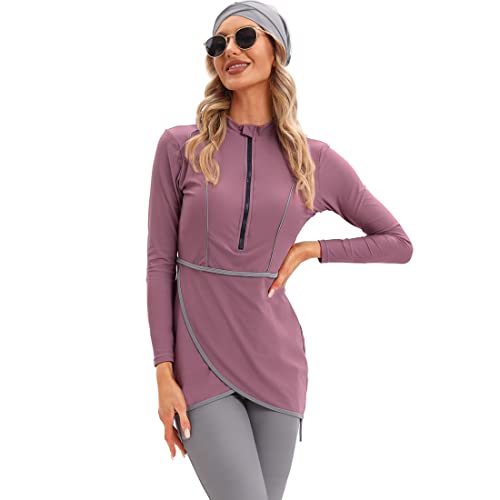 YONGSEN 2024 Women Modest Muslim Swimwear Patchwork Hijab Sport Long Sleeves Swimsuit 3pcs Islamic Burkinis Wear Bathing Suit (Purple, 4X-Large) - Image 1