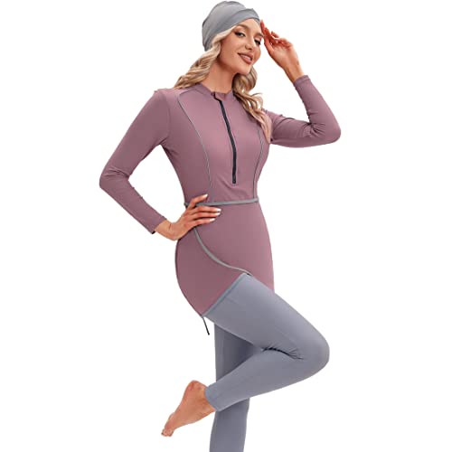 YONGSEN 2024 Women Modest Muslim Swimwear Patchwork Hijab Sport Long Sleeves Swimsuit 3pcs Islamic Burkinis Wear Bathing Suit (Purple, 4X-Large) - Image 4