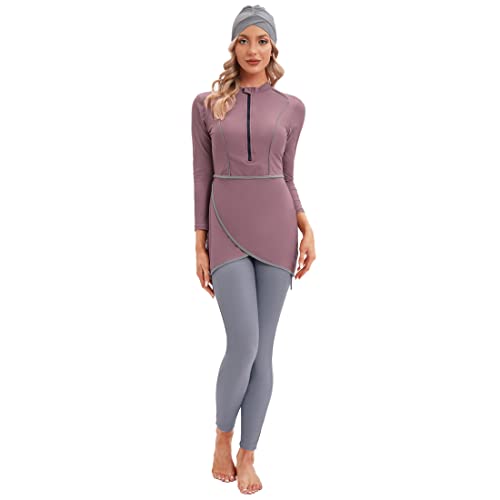 YONGSEN 2024 Women Modest Muslim Swimwear Patchwork Hijab Sport Long Sleeves Swimsuit 3pcs Islamic Burkinis Wear Bathing Suit (Purple, 4X-Large) - Image 2