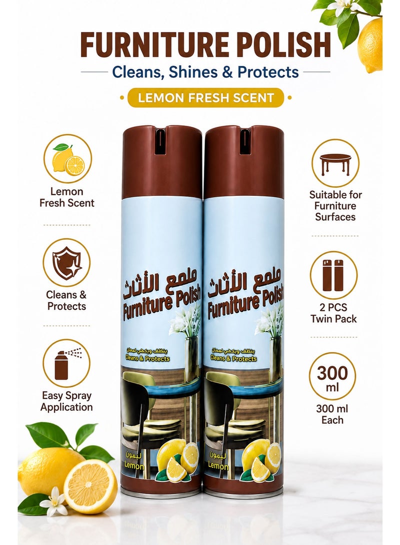 Pack of 2 Furniture Polish Spray Lemon 300ml – Wood Furniture Cleaner & Polish, Cleans, Protects & Restores Shine for Tables, Cabinets, Doors & Wooden Surfaces - Image 3