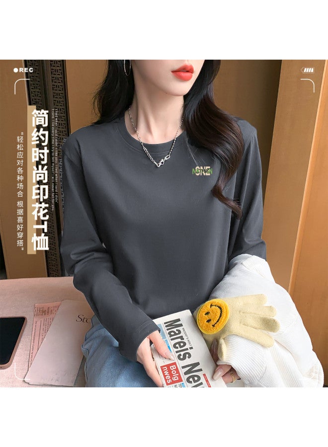 LANG SHA Women'S Layering T-Shirt Versatile Solid Color Print Round Neck Long Sleeve Top Wearable As Outerwear - Image 4