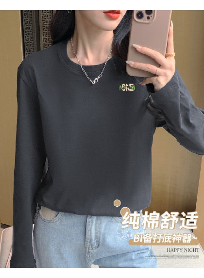 LANG SHA Women'S Layering T-Shirt Versatile Solid Color Print Round Neck Long Sleeve Top Wearable As Outerwear - Image 1