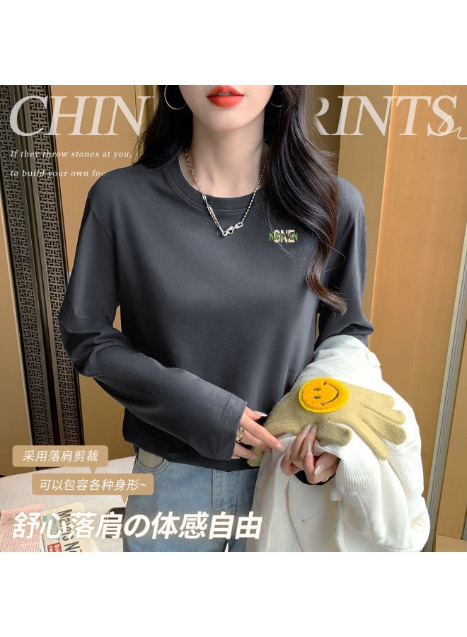 LANG SHA Women'S Layering T-Shirt Versatile Solid Color Print Round Neck Long Sleeve Top Wearable As Outerwear - Image 5