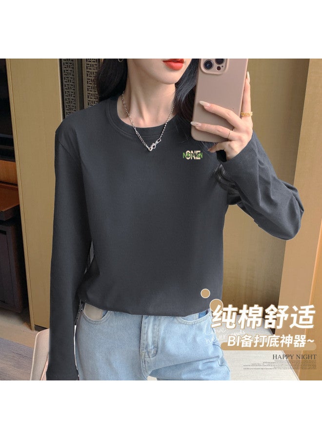 LANG SHA Women'S Layering T-Shirt Versatile Solid Color Print Round Neck Long Sleeve Top Wearable As Outerwear - Image 2