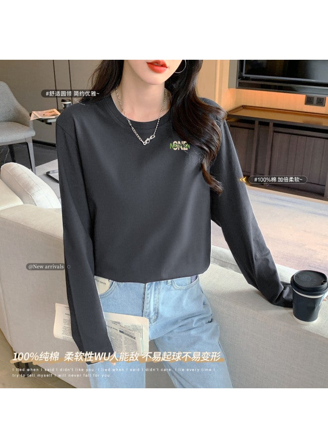 LANG SHA Women'S Layering T-Shirt Versatile Solid Color Print Round Neck Long Sleeve Top Wearable As Outerwear - Image 3