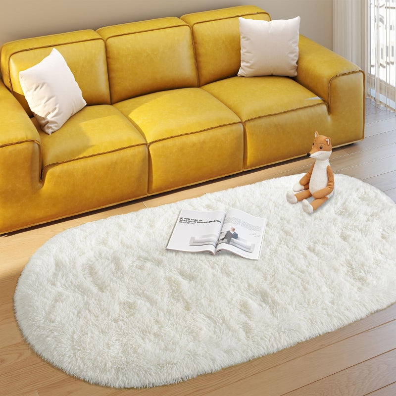 WISH TREE Soft Fluffy Area Rug for Bedroom, Cream White Fuzzy Shaggy Oval Throw Rugs for Bedside, Non-Slip Cozy Plush Shag Carpet for Kids Room Nursery Dorm Living Room, 2.6 x 5.3 Feet - Image 2