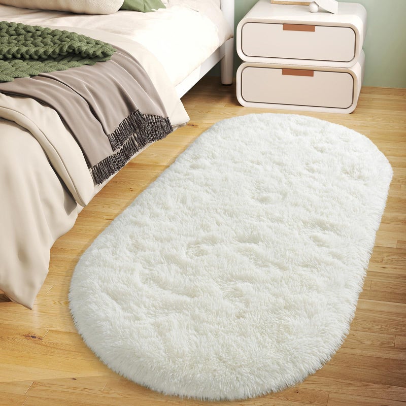 WISH TREE Soft Fluffy Area Rug for Bedroom, Cream White Fuzzy Shaggy Oval Throw Rugs for Bedside, Non-Slip Cozy Plush Shag Carpet for Kids Room Nursery Dorm Living Room, 2.6 x 5.3 Feet - Image 1