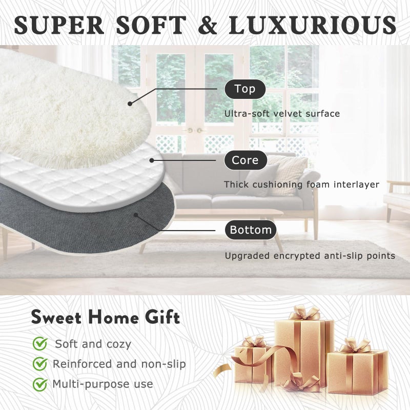 WISH TREE Soft Fluffy Area Rug for Bedroom, Cream White Fuzzy Shaggy Oval Throw Rugs for Bedside, Non-Slip Cozy Plush Shag Carpet for Kids Room Nursery Dorm Living Room, 2.6 x 5.3 Feet - Image 4