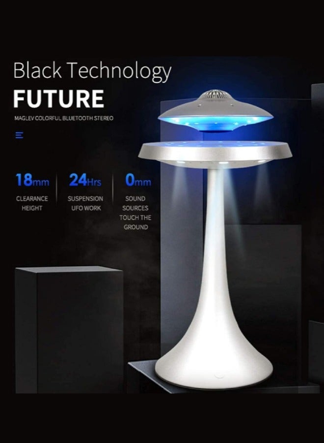 دراكسون مكبر صوت طائر ، مكبر صوت بلوتوث مغناطيسي UFO V4.0، مكبر صوت بلوتوث بمصباح LED مع صوت ستيريو 5 وات، شحن لاسلكي، دوران 360 درجة، للمنزل/المكتب، ديكور غرفة النوم، هدايا (فضي) - Image 2