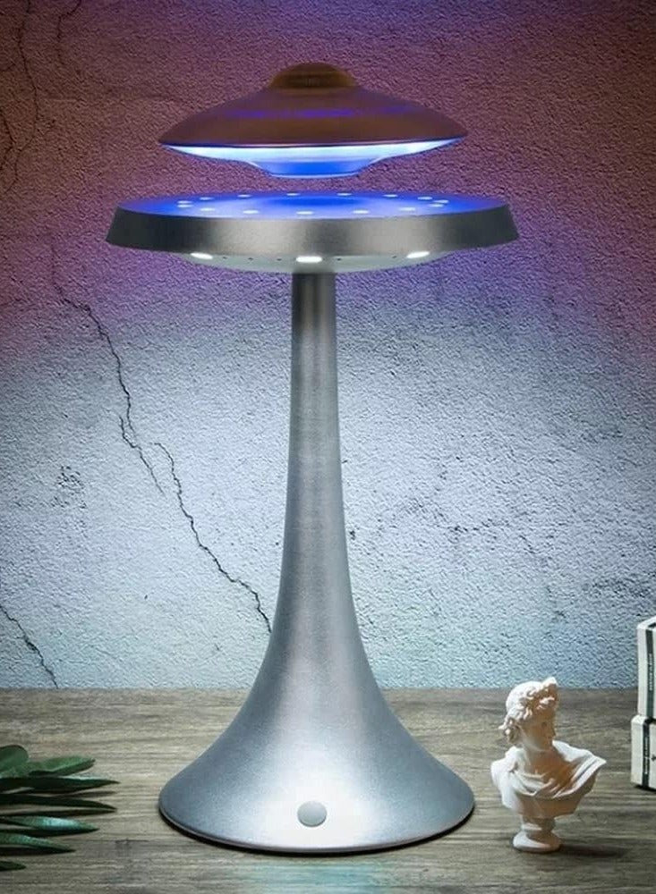 دراكسون مكبر صوت طائر ، مكبر صوت بلوتوث مغناطيسي UFO V4.0، مكبر صوت بلوتوث بمصباح LED مع صوت ستيريو 5 وات، شحن لاسلكي، دوران 360 درجة، للمنزل/المكتب، ديكور غرفة النوم، هدايا (فضي) - Image 3
