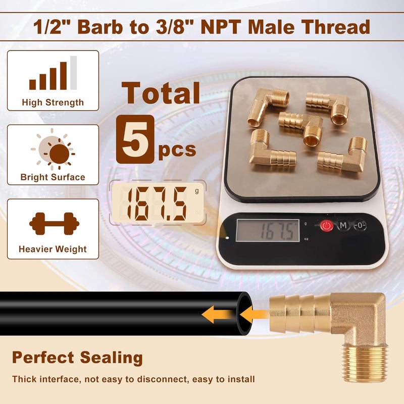 boeray 5 قطع تركيبات خرطوم نحاسية بزاوية 90 درجة 1/2 بوصة إلى 3/8 بوصة خيوط ذكر NPT محولات تركيبات خرطوم الهواء - Image 5