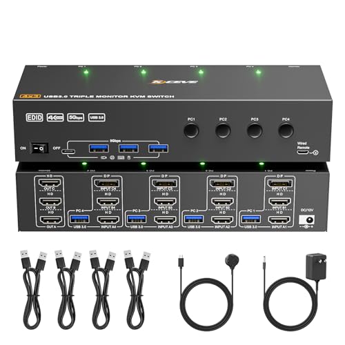 MLEEDA مفتاح KVM لشاشات ثلاثية لأربعة حواسيب 4K@60Hz، محاكاة EDID، مفتاح KVM بمنفذ USB 3.0 HDMI Displayport لشاشات ثلاثية لأربعة حواسيب لمشاركة 3 شاشات ولوحة مفاتيح وفأرة وطابعة، مع جهاز تحكم سلكي و4 كابلات USB - Image 1
