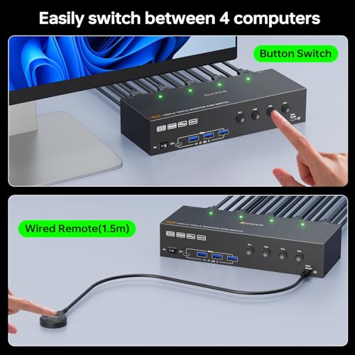 MLEEDA مفتاح KVM لشاشات ثلاثية لأربعة حواسيب 4K@60Hz، محاكاة EDID، مفتاح KVM بمنفذ USB 3.0 HDMI Displayport لشاشات ثلاثية لأربعة حواسيب لمشاركة 3 شاشات ولوحة مفاتيح وفأرة وطابعة، مع جهاز تحكم سلكي و4 كابلات USB - Image 5