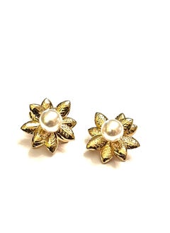 Trio Earrings Gold Pearl lotus earrings  - Image 3