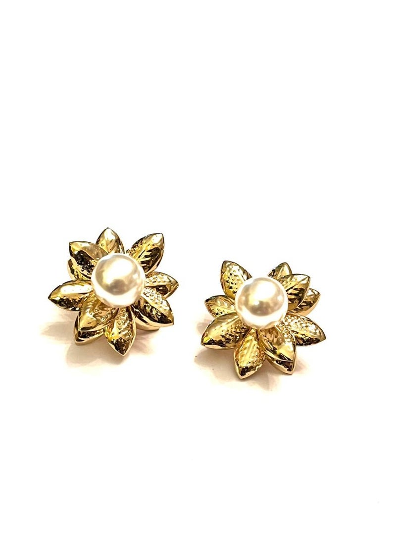 Trio Earrings Gold Pearl lotus earrings  - Image 3