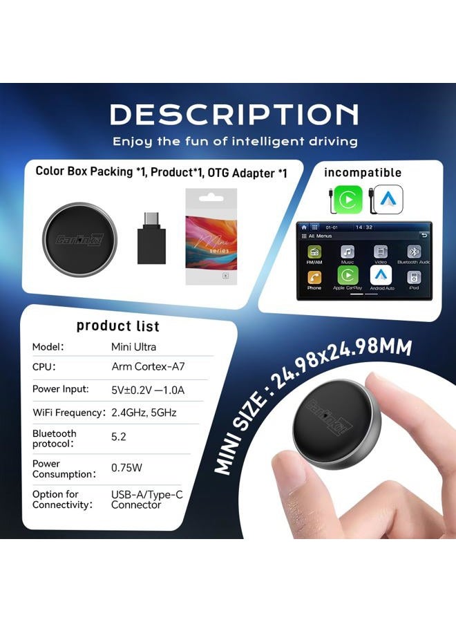 CarlinKit Mini-Ultra 3 Wireless Adapter, Converts Wired CarPlay/Android Auto to Wireless, Plug and Play, USB/Type-C, OTA Upgrade, Plug Switch - Image 4