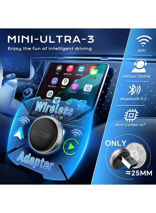 CarlinKit Mini-Ultra 3 Wireless Adapter, Converts Wired CarPlay/Android Auto to Wireless, Plug and Play, USB/Type-C, OTA Upgrade, Plug Switch - Image 5
