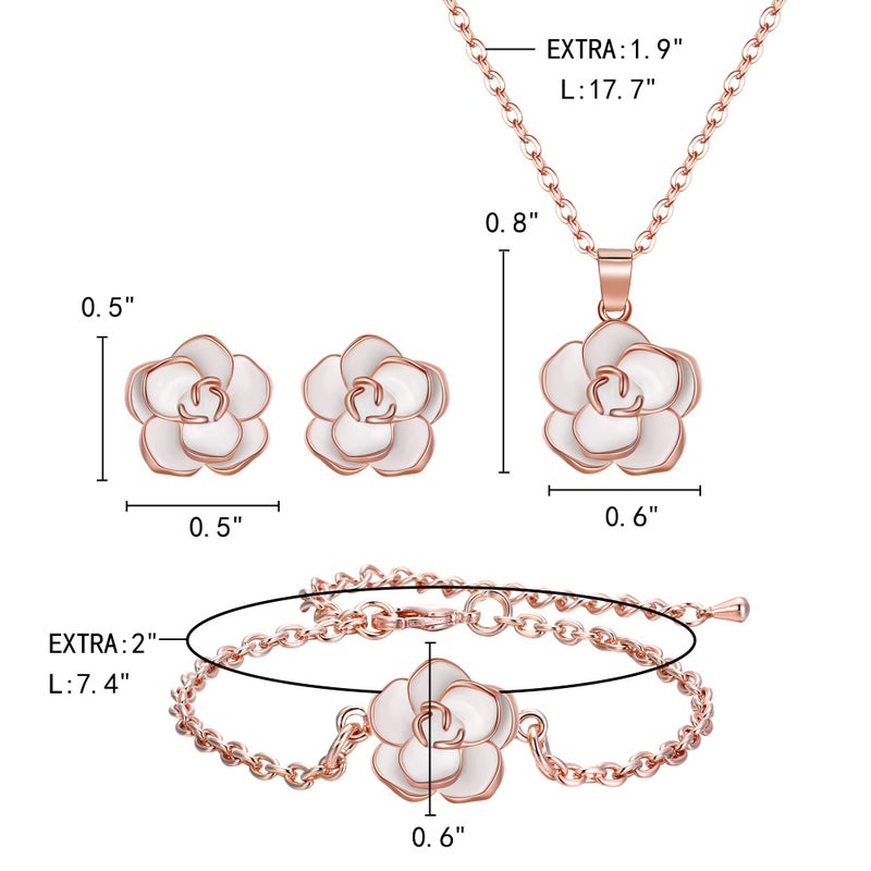 EleQueen Rose Flower Necklace Earrings Bracelet Set 14K White Rose Gold Plated Hypoallergenic Jewelry Sets Gift - Image 5