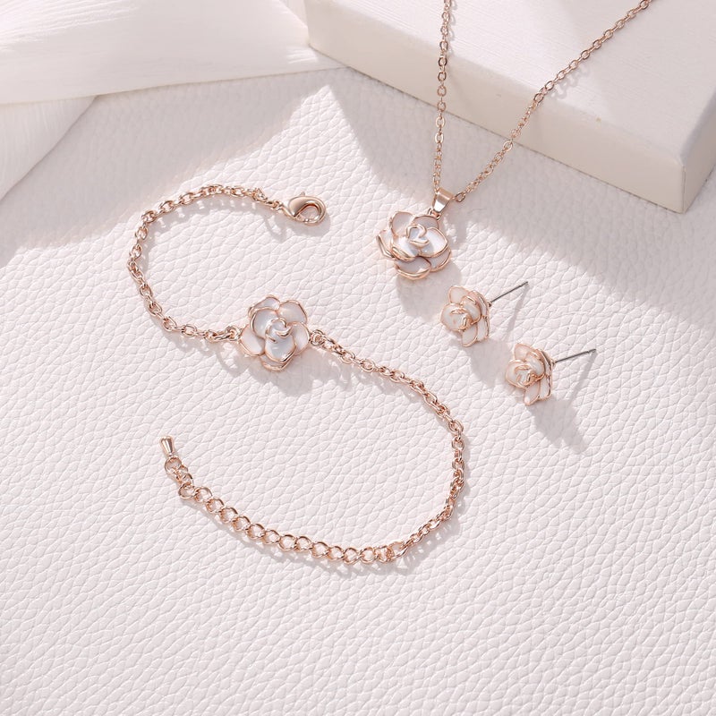 EleQueen Rose Flower Necklace Earrings Bracelet Set 14K White Rose Gold Plated Hypoallergenic Jewelry Sets Gift - Image 4