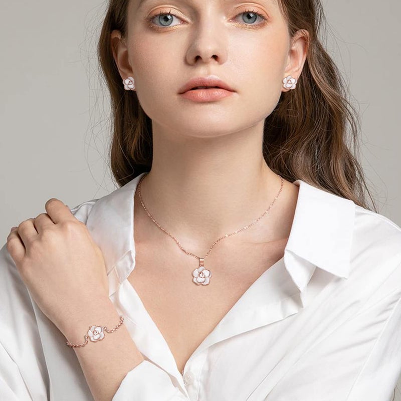 EleQueen Rose Flower Necklace Earrings Bracelet Set 14K White Rose Gold Plated Hypoallergenic Jewelry Sets Gift - Image 2