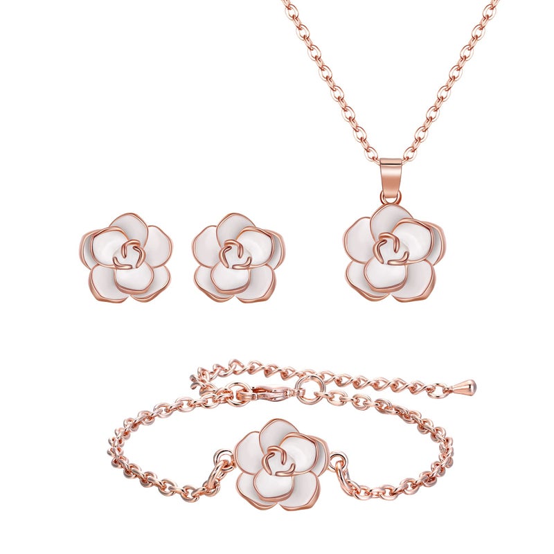 EleQueen Rose Flower Necklace Earrings Bracelet Set 14K White Rose Gold Plated Hypoallergenic Jewelry Sets Gift - Image 1
