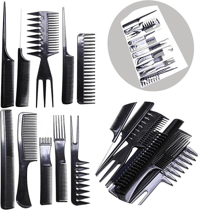 Pack of 10 Professional Hair Comb Set Salon Styling Combs for Cutting Sectioning and Detangling Durable Plastic Barber Comb Kit for Home and Professional Hairdressing Use