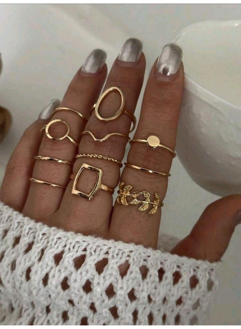 شي إن 11pcs/Set Geometric Leaf Design Joint Rings Set For Women, Creative Fashion - Image 3