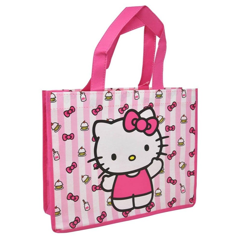 Fast Forward Hello Kitty Reusable Shopping Tote Bag, Pink Striped Pattern with Cupcake Design, Medium