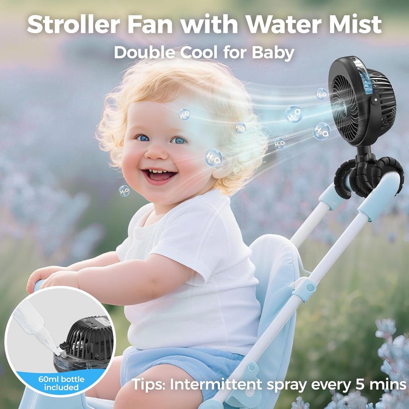 COMLIFE 2025 Upgarded 4000mAh Misting Baby Stroller Fan Rechargeable Battery OperatedMax 15Hrs Cooling50ml Portable Water Sprayer Misting Fan with Flexible Tripod Clip on Car Seat Crib Treadmill Bunk Bed - Image 2