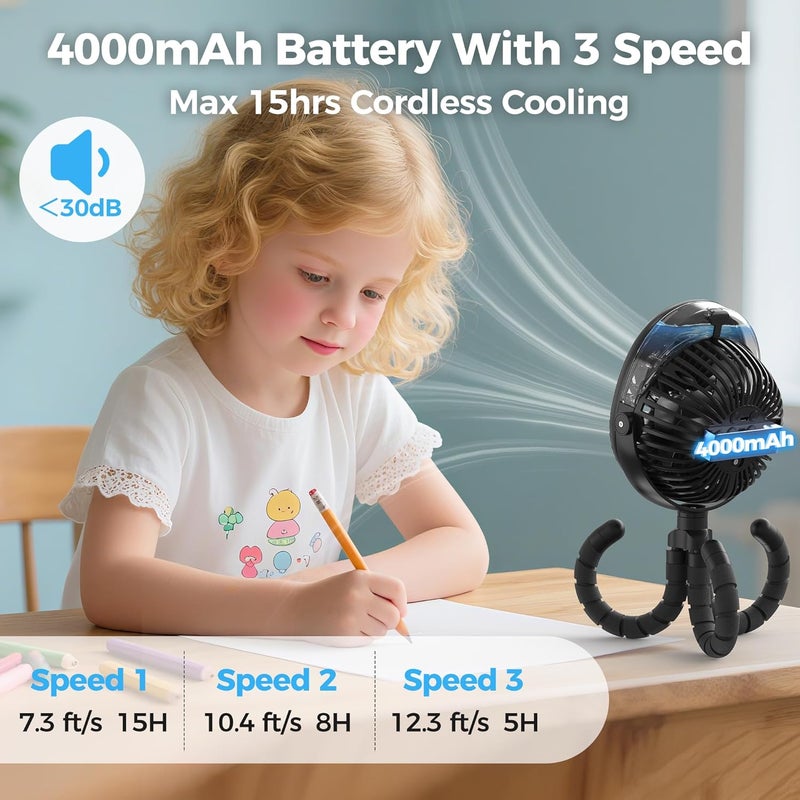 COMLIFE 2025 Upgarded 4000mAh Misting Baby Stroller Fan Rechargeable Battery OperatedMax 15Hrs Cooling50ml Portable Water Sprayer Misting Fan with Flexible Tripod Clip on Car Seat Crib Treadmill Bunk Bed - Image 3