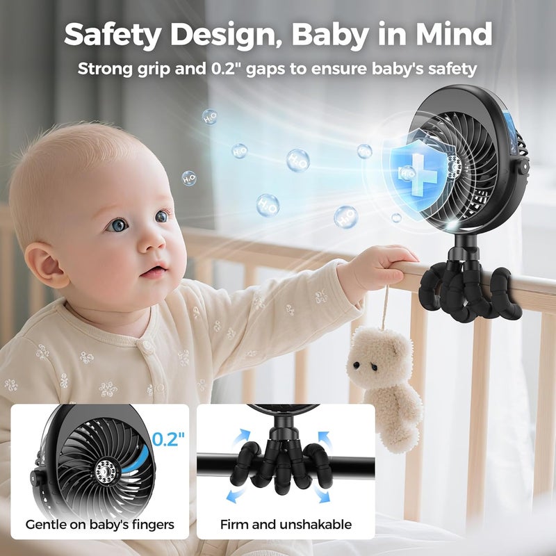 COMLIFE 2025 Upgarded 4000mAh Misting Baby Stroller Fan Rechargeable Battery OperatedMax 15Hrs Cooling50ml Portable Water Sprayer Misting Fan with Flexible Tripod Clip on Car Seat Crib Treadmill Bunk Bed - Image 5
