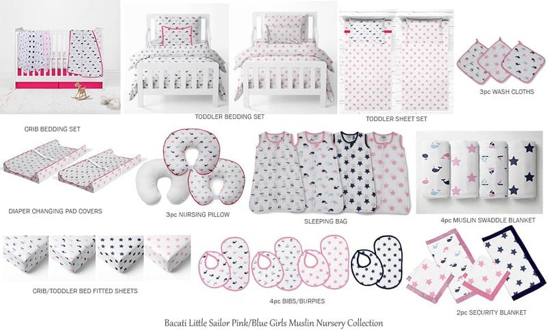 Bacati 2 Piece Little Sailor Whales Girls Muslin Crib Sheets, Pink - Image 5