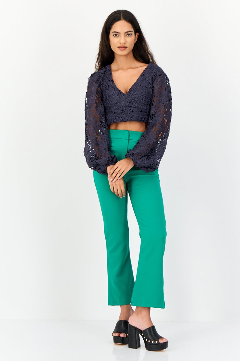 Mohito Women V Neck Long Sleeve Textured Crop Top, Navy - Image 3