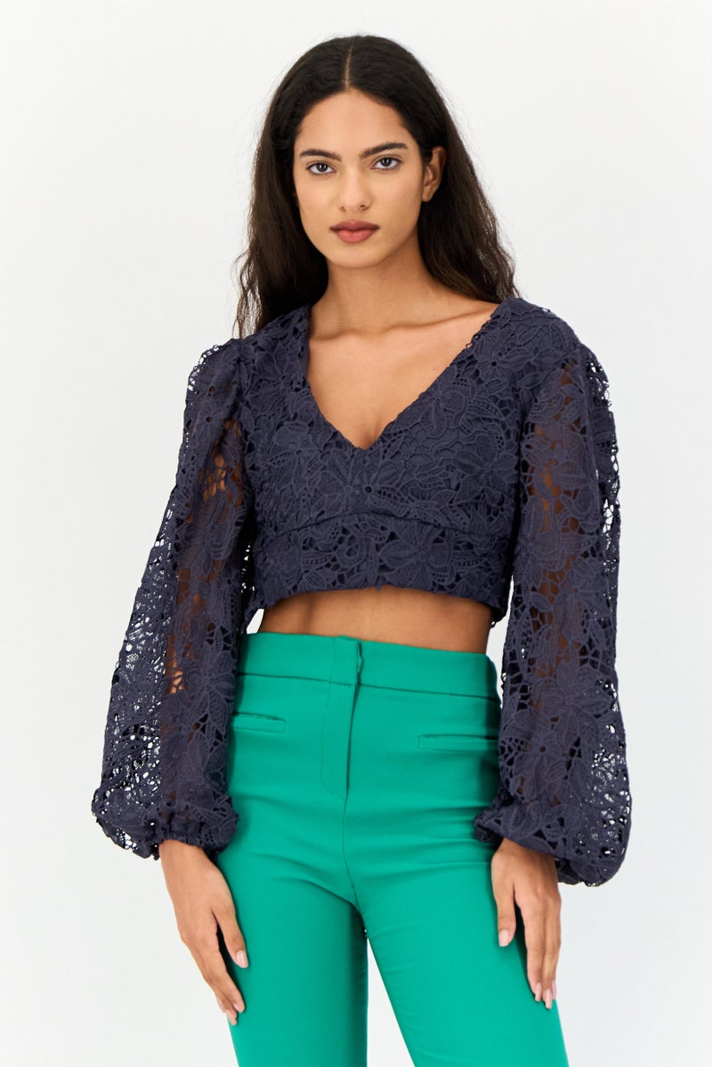 Mohito Women V Neck Long Sleeve Textured Crop Top, Navy - Image 1