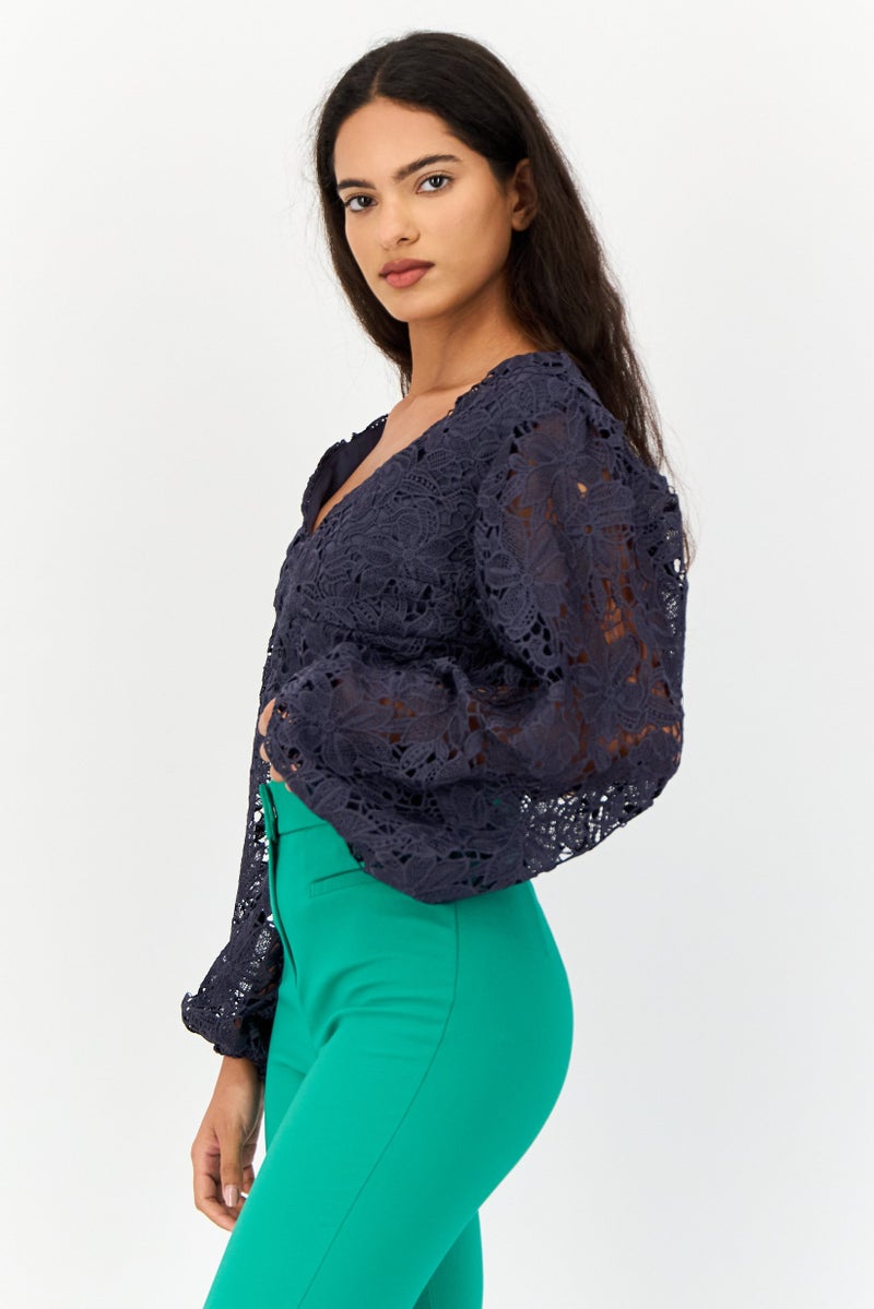 Mohito Women V Neck Long Sleeve Textured Crop Top, Navy - Image 4