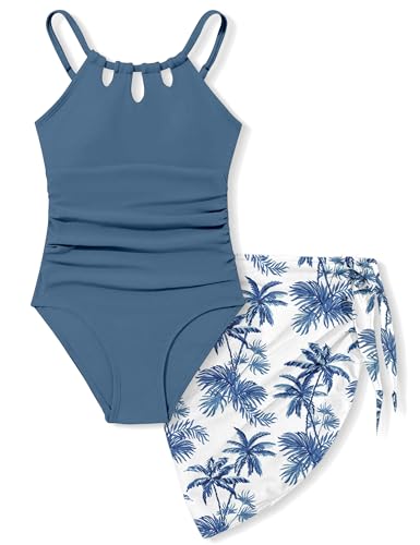KANGKANG Girls Swimsuit, Girls Bathing Suits Size 10-12 Quick Dry Cut Out One Piece Swimsuits with Tropical Print Cover Up Skirt Teen Bathing Suits Swimwear Set - Image 1
